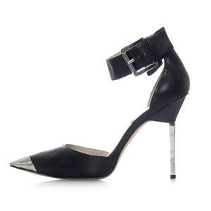 Michael Kors Black Ankle Strap Silver Metal Stiletto Leather Pumps